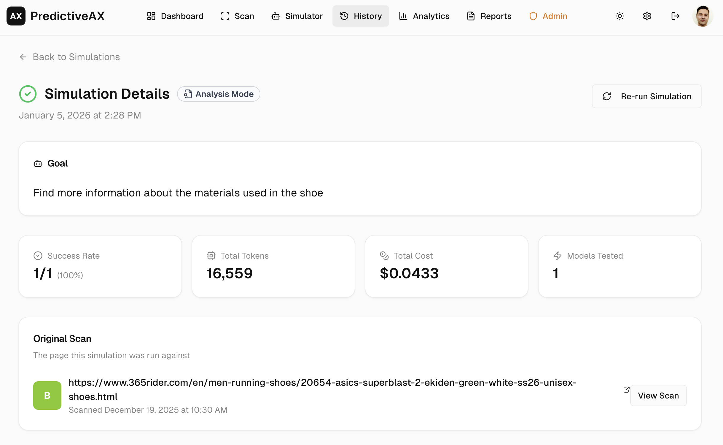 PredictiveAX Simulation Details showing a successful AI agent test with 100% success rate